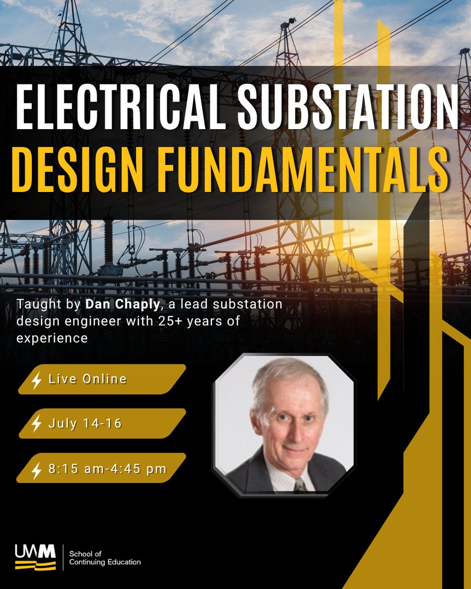 UWMContinuingEd's tweet photo. This July, join Electrical Substation Design Fundamentals — a live online course covering the essentials of substation design, planning and industry practices.

Learn from instructor Dan Chaply, a substation design engineer with 25+ years of experience. https://t.co/4ChKmsTsVR https://t.co/p10aPqtj1o
