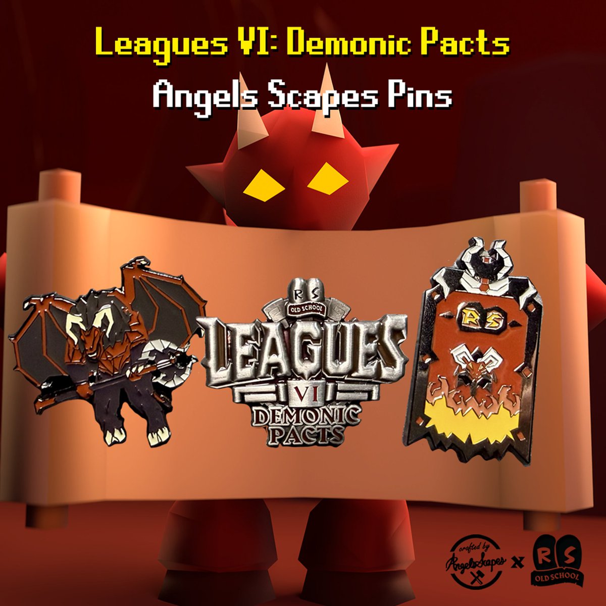 OldSchoolRS's tweet photo. Made your pact yet? 😈 New @AngelsScapes Limited Edition Leagues VI pins are live now! 

Pick the Leagues logo or choose your banner. Sign your contract with Yama!

Order today: https://t.co/cmsUk4KPUc https://t.co/xP2z2G9gAe