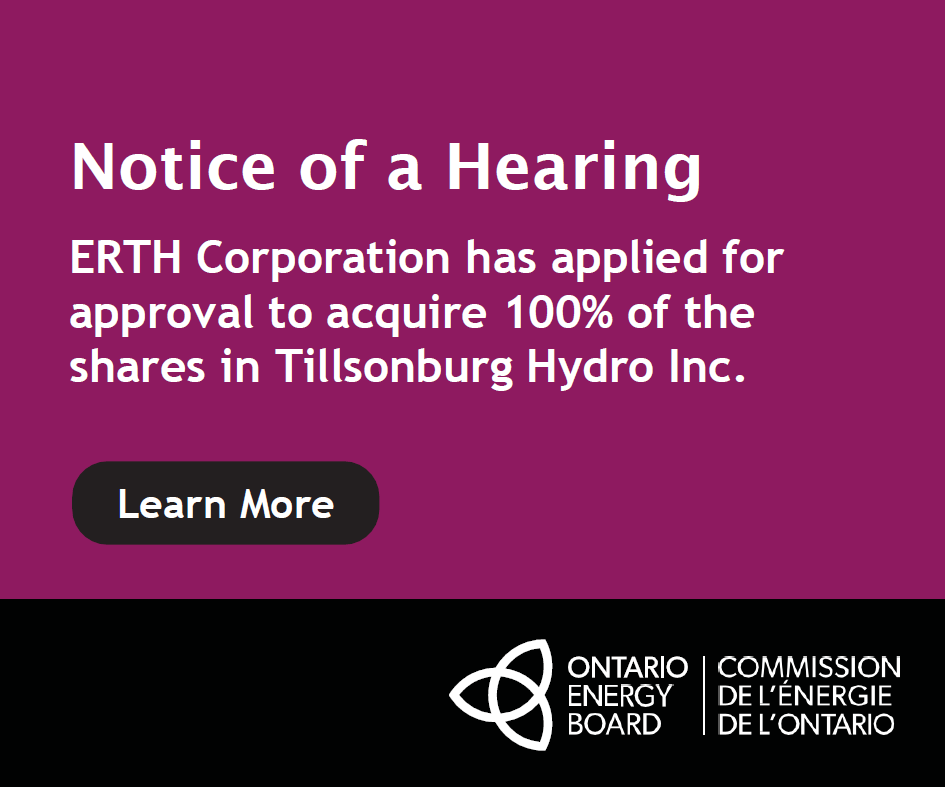 ErthPower's tweet photo. ERTH Corporation has applied to the Ontario Energy Board to acquire 100% of the shares in Tillsonburg Hydro Inc. Learn more. Have your say.

https://t.co/qXFwLoizGB https://t.co/m0lJfCHWRN