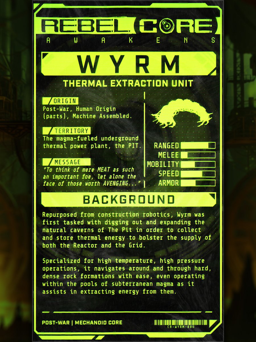 atomswitch's tweet photo. Deep underground, in the scorching magma tunnels of the Pit lives the 6th Core Robotic, WYRM!

A Post-War Mechanoid Core, it has never interacted with humans, only ever knowing a world run by machines.

#RebelCoreCards #RebelCoreAwakens #indiegame #gamedev #worldbuilding https://t.co/mK7ctRM8In
