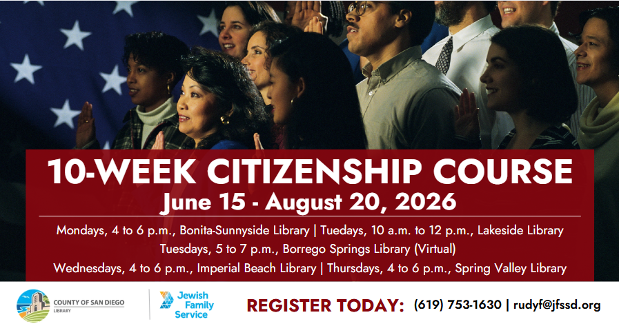 SDCountyLibrary's tweet photo. The 10-week Citizenship Course is back! Check out the attached flyer for registration info today. https://t.co/W3jPeGM1qn