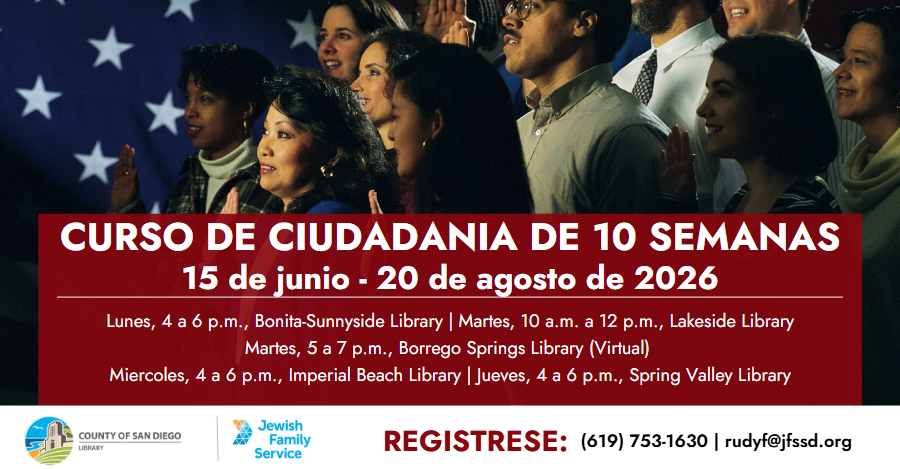 SDCountyLibrary's tweet photo. The 10-week Citizenship Course is back! Check out the attached flyer for registration info today. https://t.co/W3jPeGM1qn