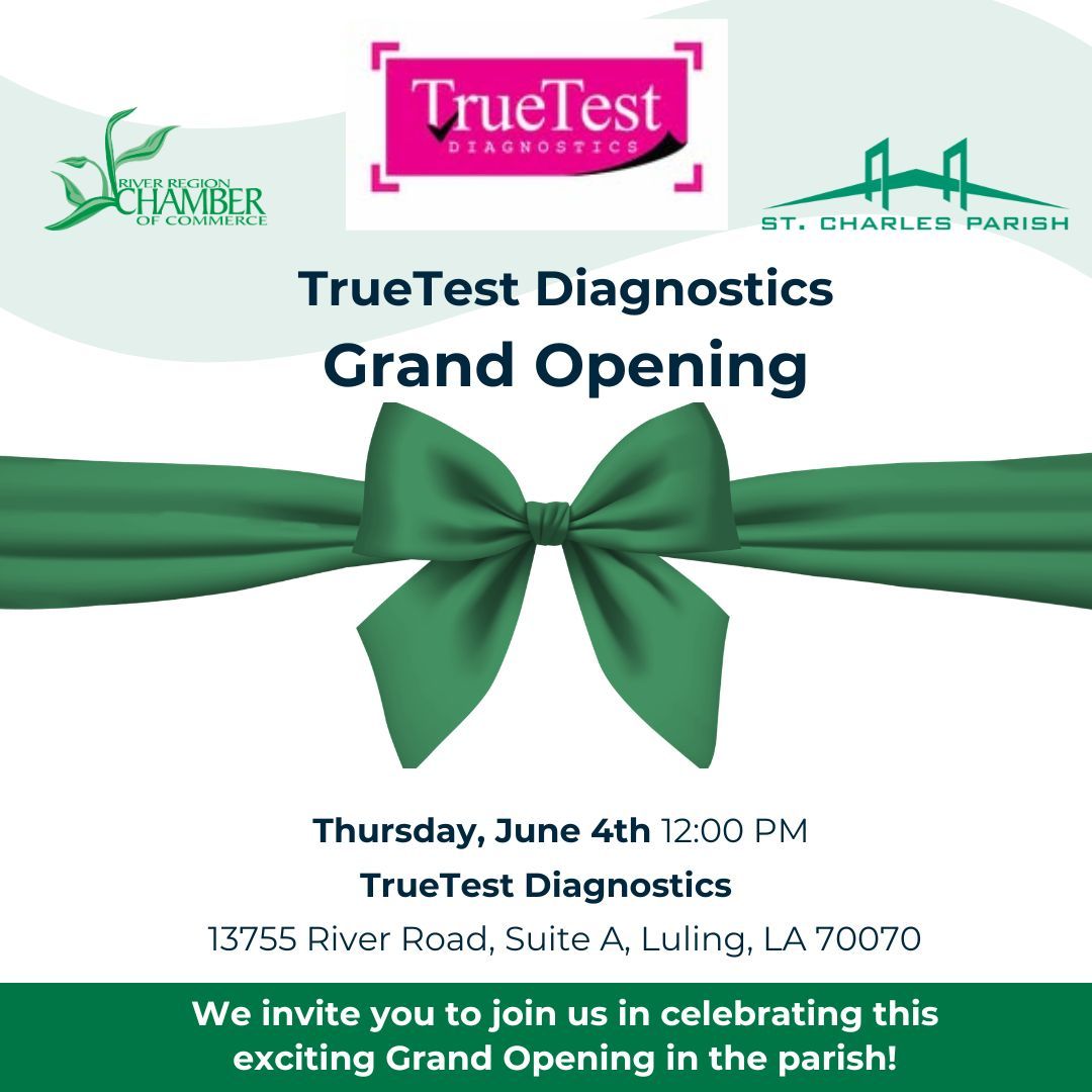 RiverRegionCham's tweet photo. Come celebrate with St. Charles Parish and the River Region Chamber of Commerce as we welcome TrueTest Diagnostics to the community!

Meet &amp; Greet 12:00 PM
Ribbon Cutting at 12:30 PM

Learn more about this celebration by visiting: 
https://t.co/qRYupLVZ9W https://t.co/JYIXHA4xkT