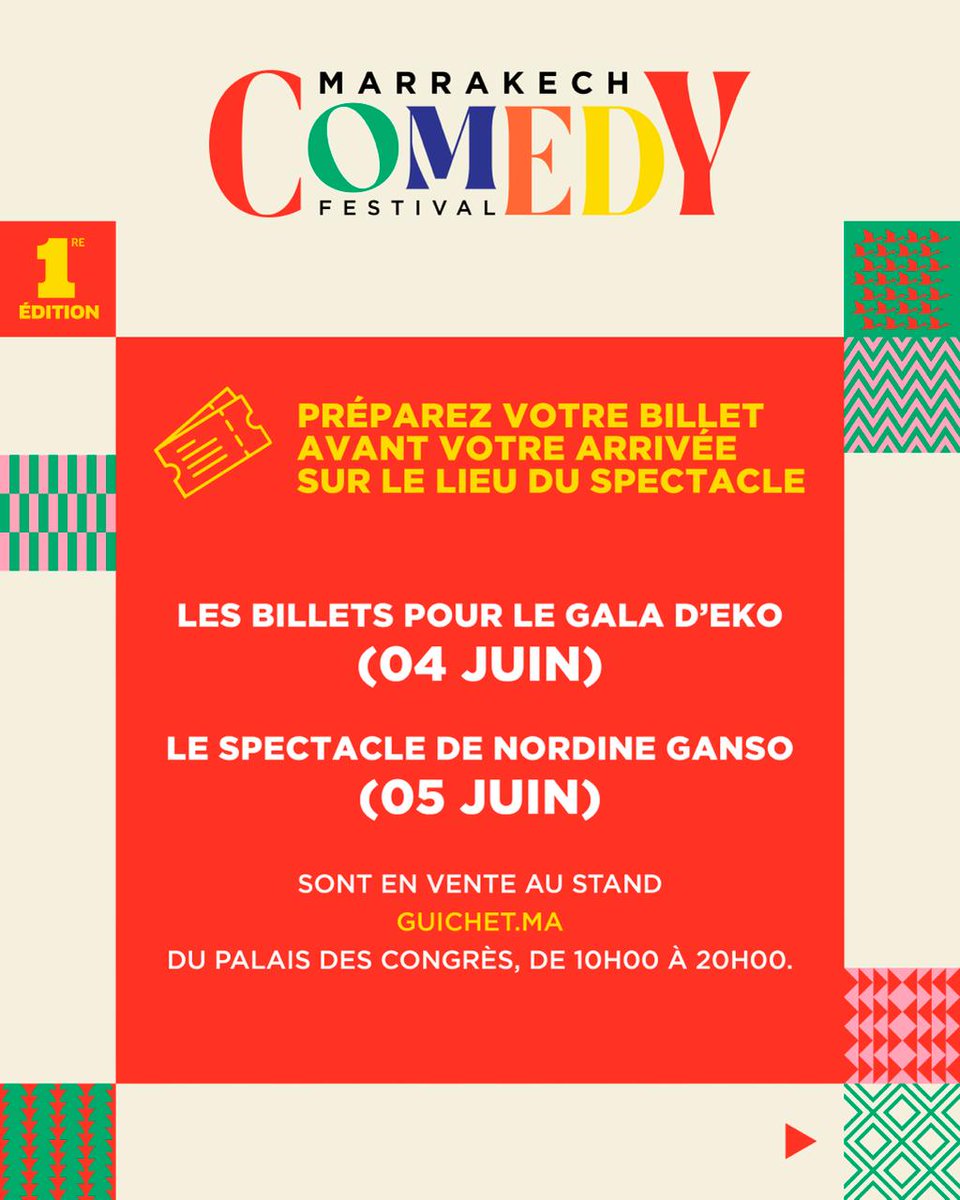 Marrakechcf's tweet photo. Petit rappel avant de venir rire très fort au Marrakech Comedy Festival 

✔️ Préparez vos billets avant d’arriver

✔️ Arrivez à l’heure (les portes ferment 30 min avant 👀)

✔️ Sortez votre plus belle tenue pour le festival

On vous attend au Palais des Congrès - Marrakech 🌴✨ https://t.co/JGdTPHhkUD