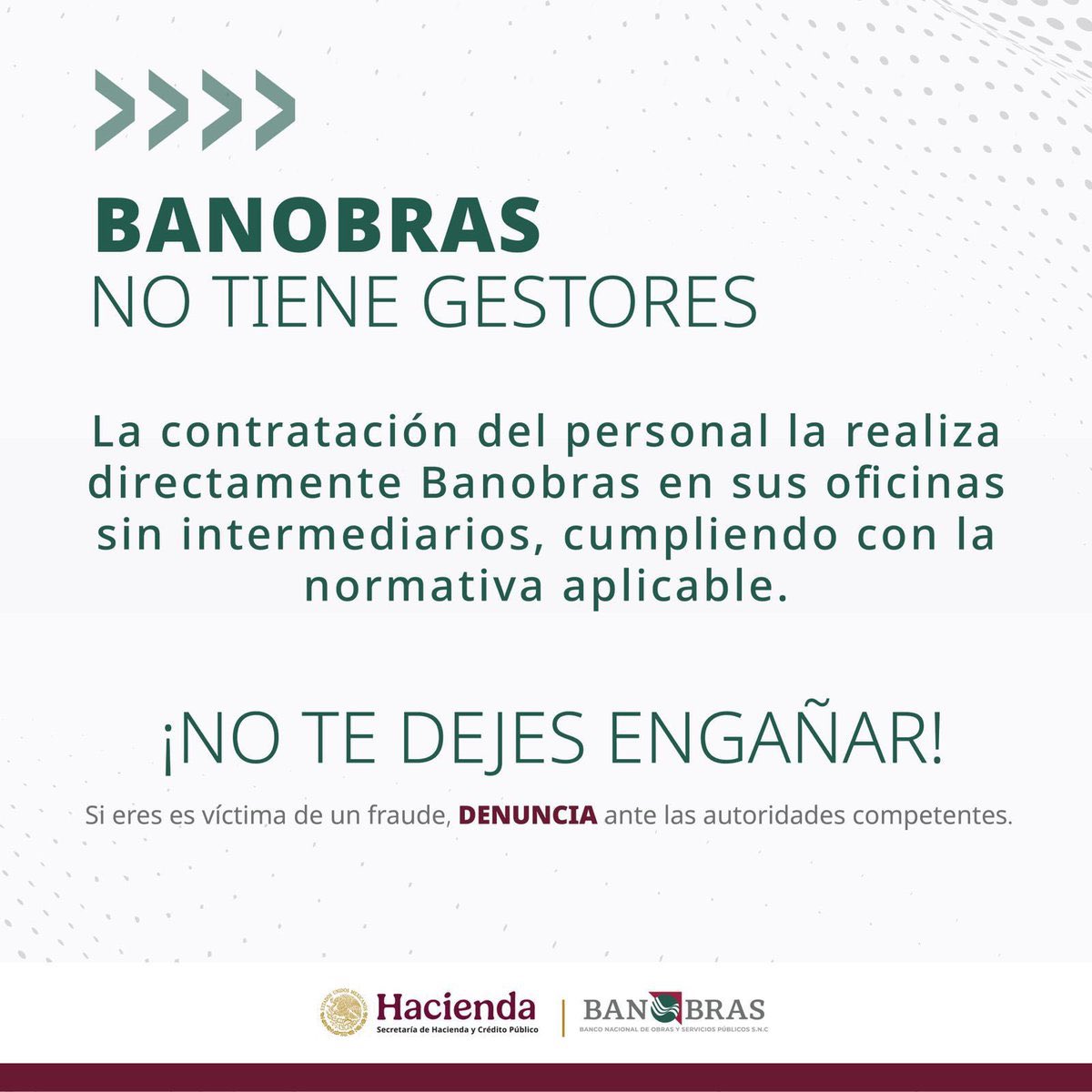 Banobras_mx's tweet photo. #Banobras🚨NO tiene gestores 🚨No te dejes sorprender, todos los trámites de #Banobras se realizan por representantes debidamente identificados.  
https://t.co/2dz95ILkfY https://t.co/WZSEbeism0