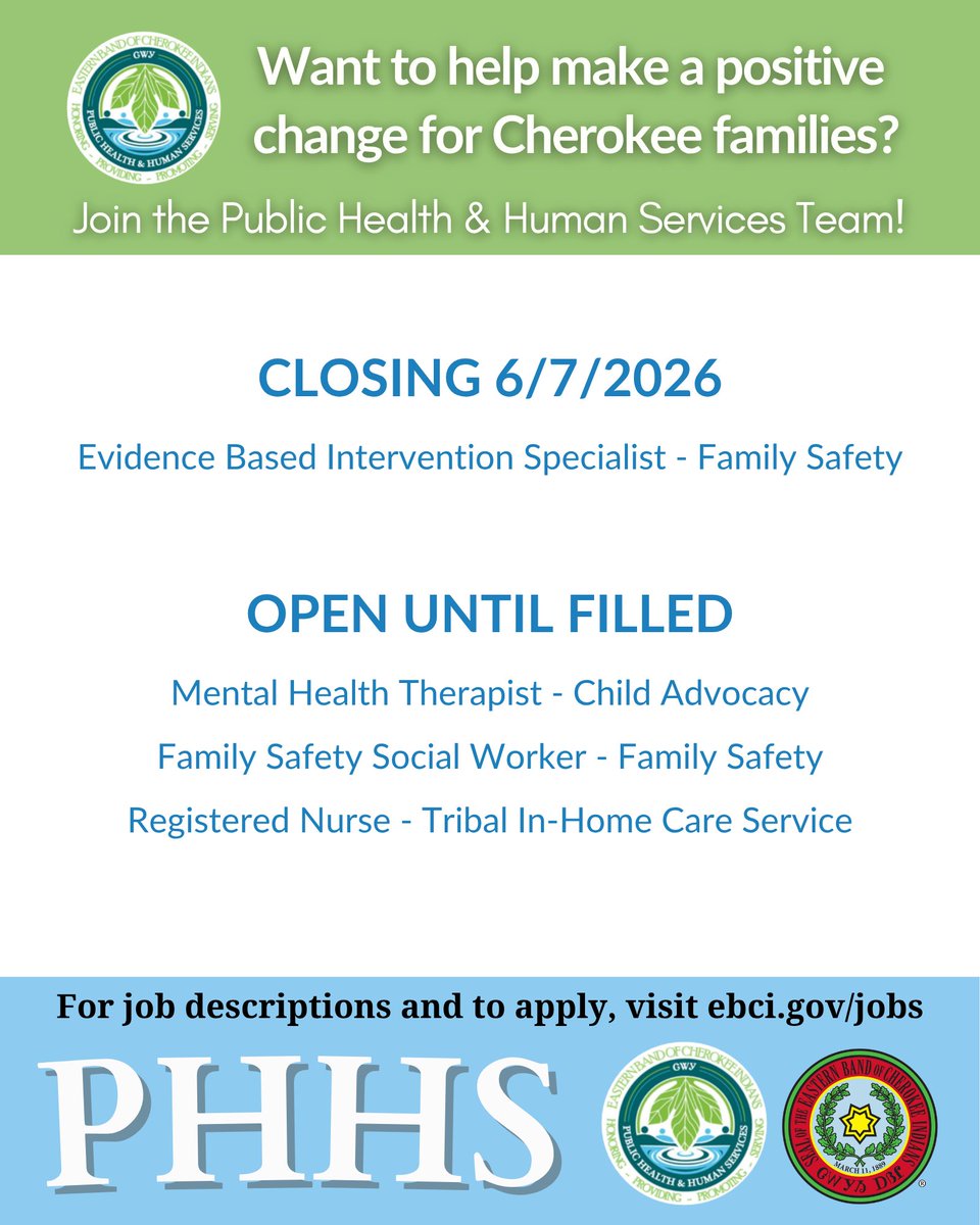 ebciphhs's tweet photo. Looking for an exciting career where you can make a positive change for Cherokee families? Apply at PHHS! https://t.co/VhdgUZyP5q