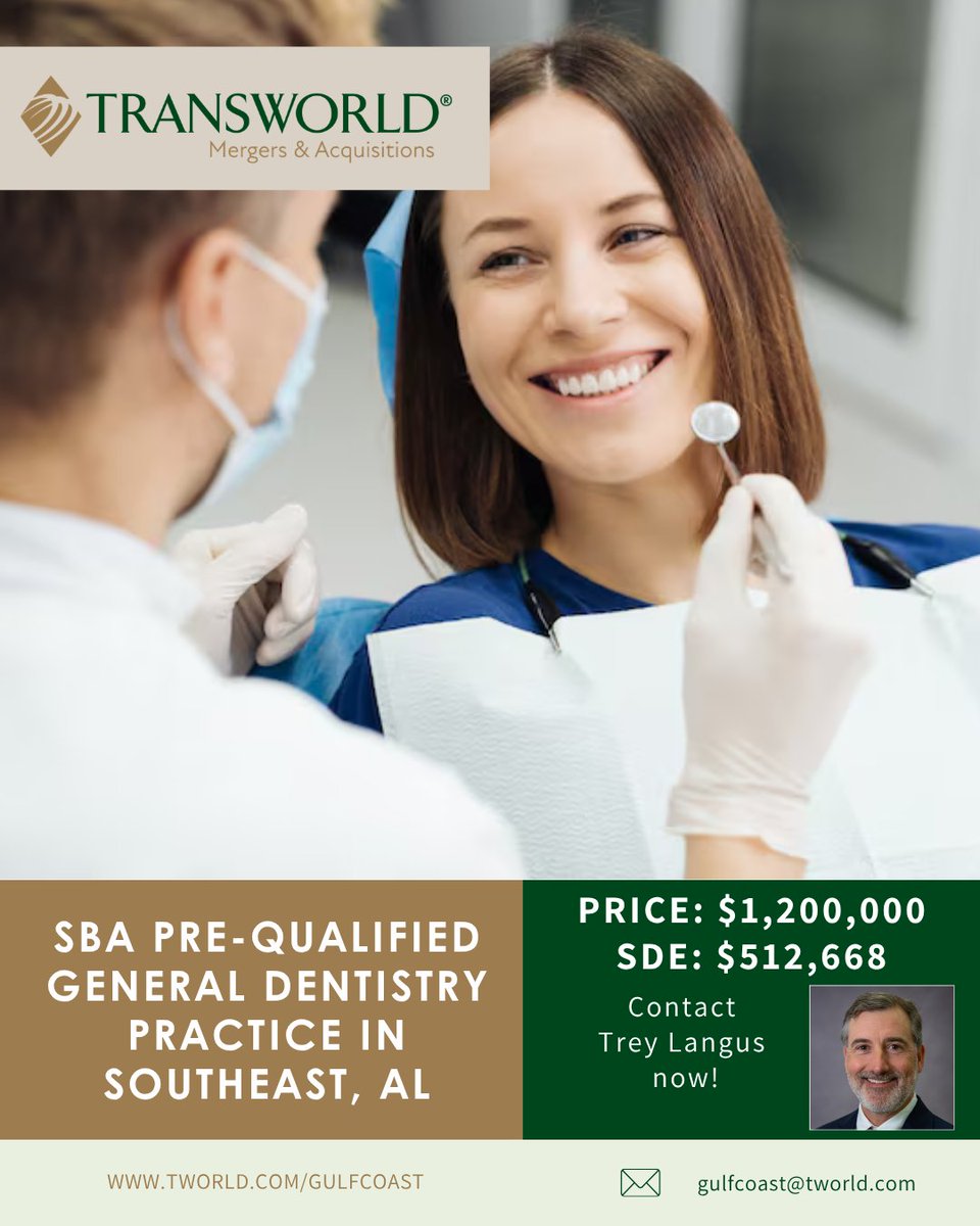 TBAMobile's tweet photo. Who doesn’t love a great smile? ✨

Step into ownership of a well-established dental practice with decades of goodwill, a loyal patient base, experienced long-tenured staff, and a strong reputation in its local community.

For a licensed dentist or buyer with access to... https://t.co/NJP1KsF8u2