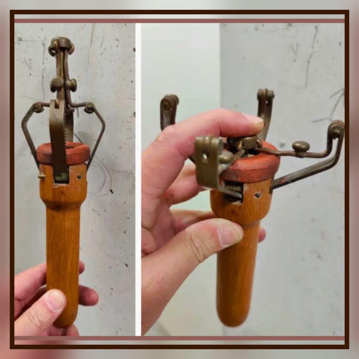 Serenitee_Sam's tweet photo. Found this absolute gem hidden away at my cousin’s house, and honestly, looking at old-school engineering always blows my mind. There is something so fascinating about running across a physical piece of history—tools and gadgets from an era where people didn't just code a solution, they machined it out of wood, brass, and sheer ingenuity.

​Take a close look at this setup.

​On the left, it’s closed up like some sort of mechanical claw or a vintage sci-fi prop. On the right, you can see how it opens up when you press the top mechanism, expanding into this four-pronged brass apparatus. The craftsmanship is incredible. It’s heavy, deliberate, and clearly built to solve a very specific, everyday problem from the past.

​Sometimes the most mundane historical tasks required the coolest concepts, and when you finally find out what they were used for, it's completely unexpected.

​I’m not going to spoil the answer just yet because half the fun is looking at the mechanics and trying to reverse-engineer the logic in your head. Is it for the kitchen? A specific trade? An old-school household chore?

​What's your best theories? Let's see who actually knows their vintage tech or who can come up with the most creative guess.