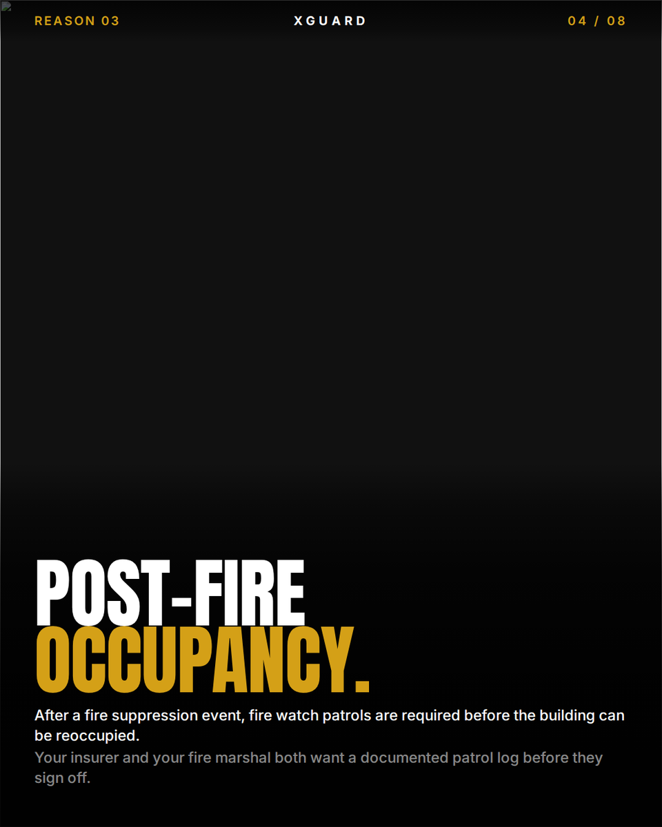 Xguardsecurity's tweet photo. Sprinkler offline? You have 24 hours before you're non-compliant.

Hot work, system upgrades, post-fire reoccupancy — six scenarios that trigger mandatory fire watch, and most PMs only learn them after a violation.

Save this for your next venue review.
→ https://t.co/c67kvBx3rw https://t.co/hsCJ90rgry