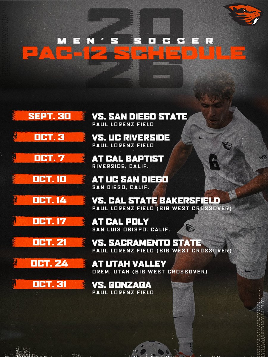 BeaverMSoccer's tweet photo. 📅 The Pac-12 has announced our 2026 conference schedule! 📅

The announcement includes three Big West Crossover matches. Our nonconference schedule will be announced at a later date.

#GoBeavs https://t.co/pKHpoHCtcO