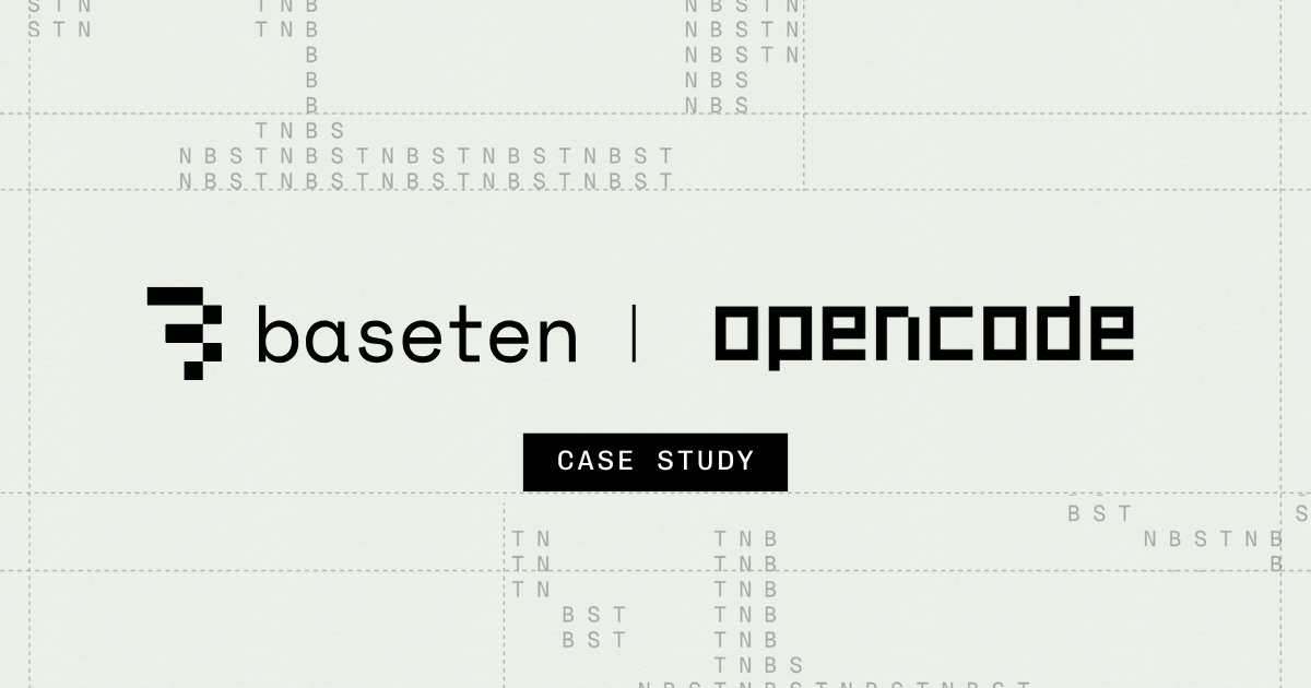 baseten's tweet photo. 10M developers use @opencode every month. This means the experience has to feel the same every hour of every day; slow or inconsistent inference breaks productivity and flow.

Enter Baseten. With Baseten's Model APIs, OpenCode achieves 5x faster TPS, sub-second TTFT, and 33% blended cost savings passed directly to users through cache token pricing.