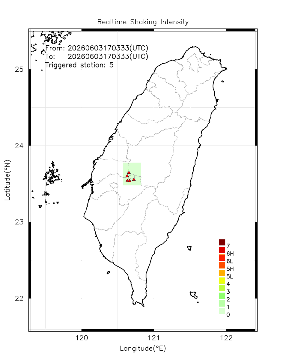 eew_p's tweet photo. Automatically Plotted Shakemaps:
* 2026-06-04 01:03:33 (UTC+08:00, Taipei)
* Evt. 20260604010333, First Report.
* Total 5 triggered stations

Note: These shakemaps are not yet confirmed, for reference only!
#地震 #台灣 #earthquake #Taiwan https://t.co/uAarCJI2e2