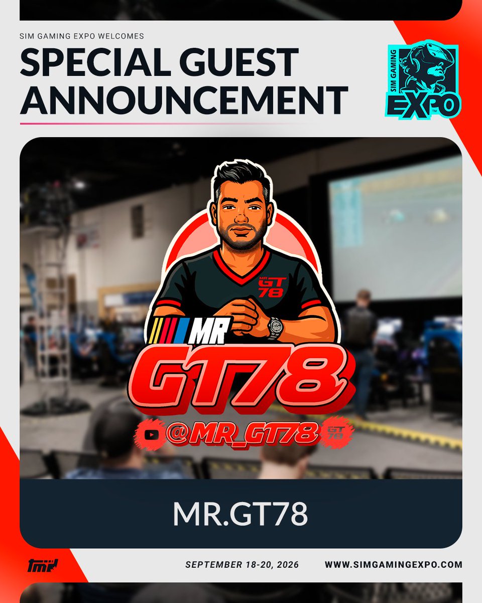 SimGamingExpo's tweet photo. SPECIAL GUEST ANNOUNCEMENT — MR.GT78

Sim Gaming Expo 2026 is September 18–20 at the Schaumburg Renaissance Convention Center in Schaumburg, IL and we have another great special guest to announce! 

Tickets are on sale now at https://t.co/fVD9FGmTxL 

We are excited to welcome back @mr_gt78  to the Sim Gaming Expo 2026!

MR.GT78 is a sim racing content creator delivering some of the most immersive cockpit POV racing content in the community. Focused on Le Mans Ultimate, iRacing, and Automobilista 2, his channel is a showcase of competitive GT3 action, clean visuals, and real setup insights that help sim racers at every level get more out of their time on track. 

We are thrilled to be welcoming him back to Schaumburg this September and look forward to having him connect with the SGE community once again!

Check out MR.GT78 on YouTube at https://t.co/VE2SbBc2h1

Show Hours
Friday 12pm - 8pm
Saturday 10am - 6pm
Sunday 10am - 5pm

Follow Sim Gaming Expo on social media @simgamingexpo to stay up to date with all the latest news and show details. 

Join our Discord at