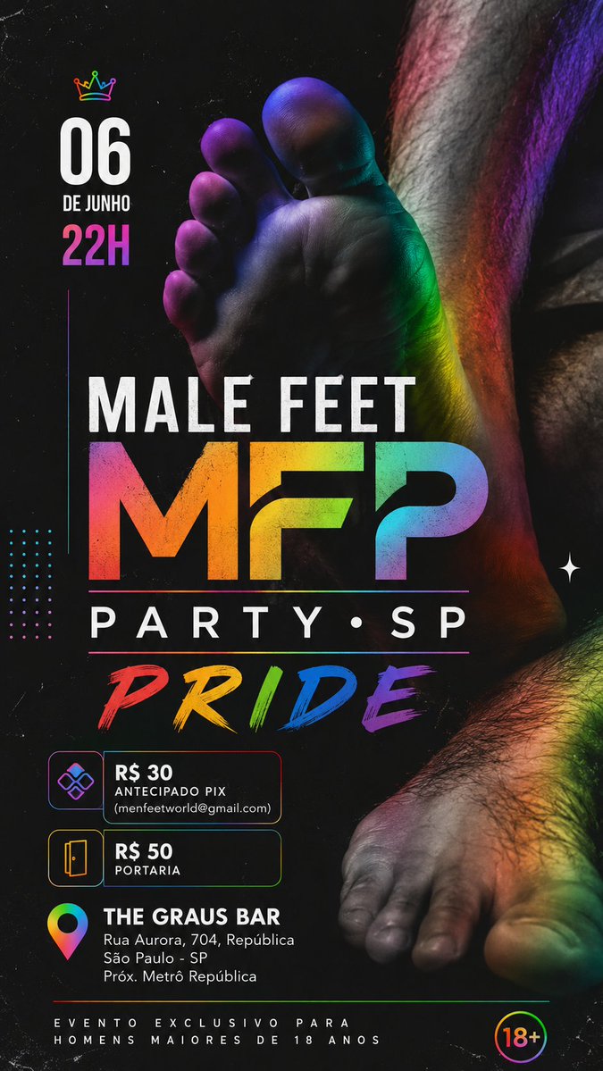 mfwprod26's tweet photo. MFPARTYSP • PRIDE EDITION 
@mfparty24

06 de Junho - 22h
The Graus Bar
Rua Aurora, 704 – República – São Paulo/SP
(Próximo ao Metrô República)

Ingressos: 
Antecipado PIX: R$30
(menfeetworld@gmail.com)
Portaria: R$50

Evento exclusivo para homens maiores de 18 anos https://t.co/4TzKnz1y6N