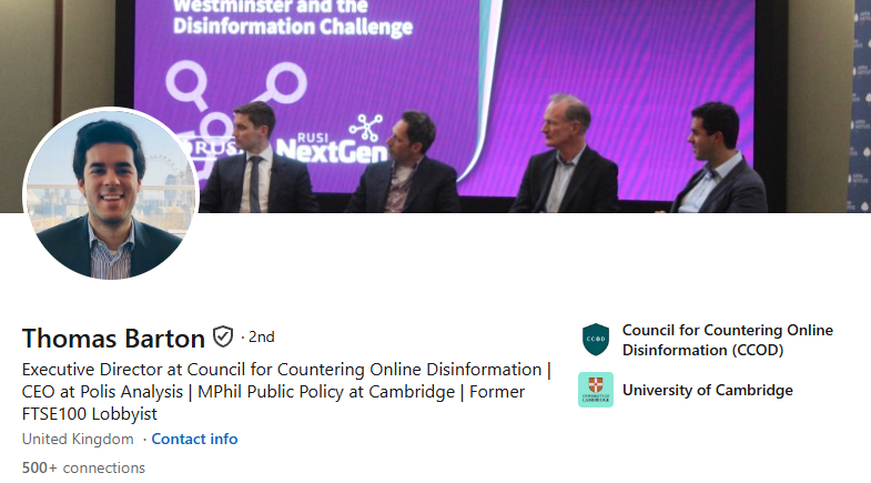 The_War_Economy's tweet photo. Thomas Barton is also a Rising Leader Fellow and UK Ambassador to the Aspen Institute (here we go again...).

Used to be Campaign Manager for the Conservative Party, worked for Matt Hancock at one point, and interestingly was at FTI Consulting for 1 month. https://t.co/hxxxl59mDy