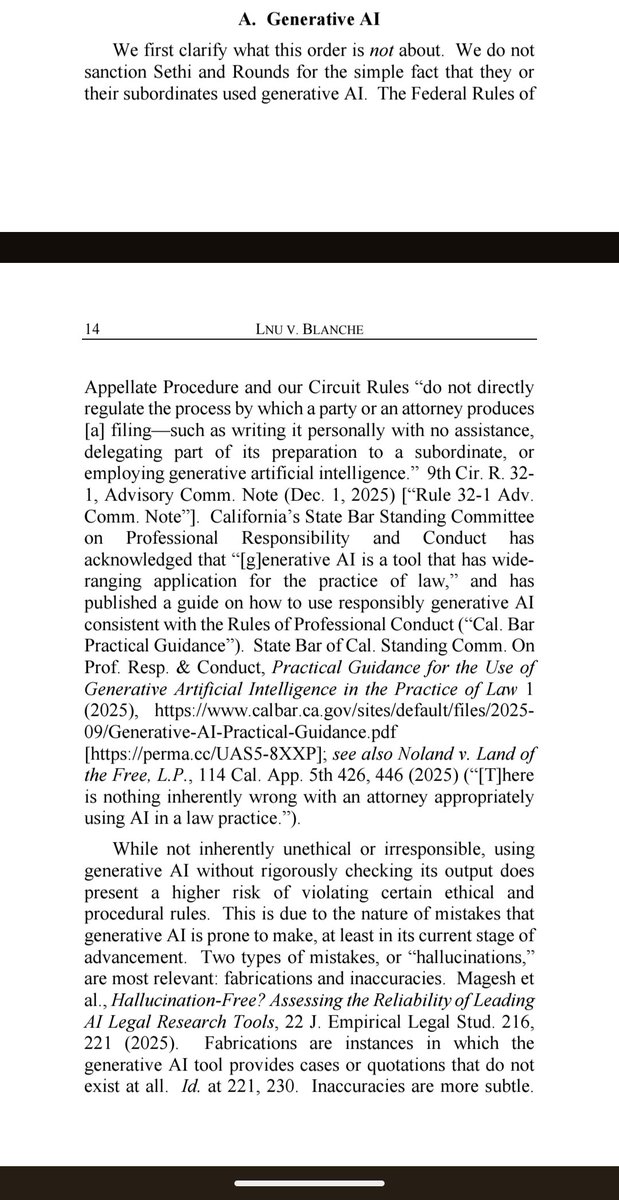 EWess92's tweet photo. The Ninth Circuit does a thorough discussion of what AI is, what hallucinations are in the legal context, why AI is generally allowed by the rules, but also how using AI can quickly lead attorneys astray. This section is must-read for any attorneys bringing AI into their workflow https://t.co/OgPbihnO6m