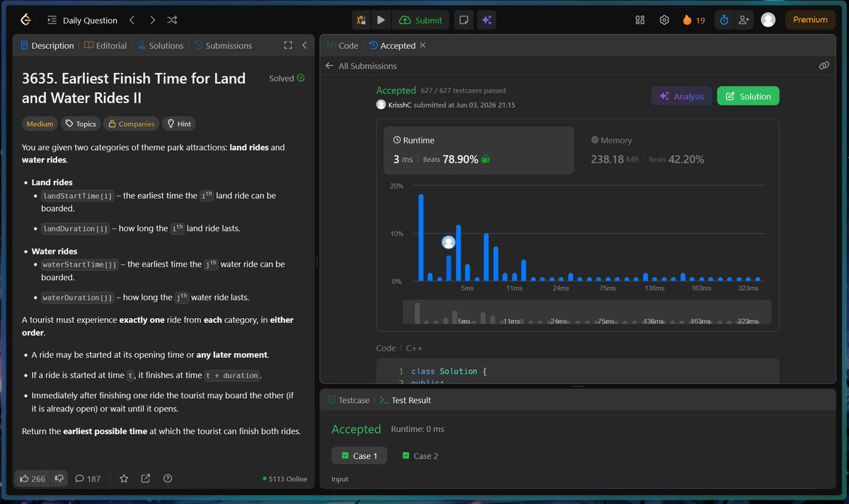 Krissh0360's tweet photo. Getting back on track with the daily posts now...

solved the POTD - earliest finish time for land and water tides II

#365DaysOfCode #LeetCode #DSA #LearningInPublic https://t.co/74beTOJtKN