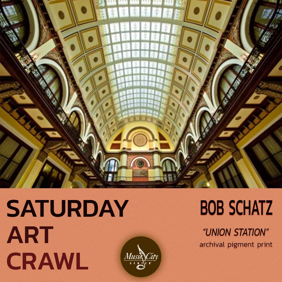 musiccitycenter's tweet photo. Union Station by Bob Schatz 📸 Located on Level 1, this print showcases the barrel-vaulted ceiling of a former train station, complete with gold-leaf medallions and 100-year-old stained glass. Today, it's a luxury hotel known as @UnionStationNsh. #SaturdayArtCrawl #art #spotlight https://t.co/DqrKpfEeWf