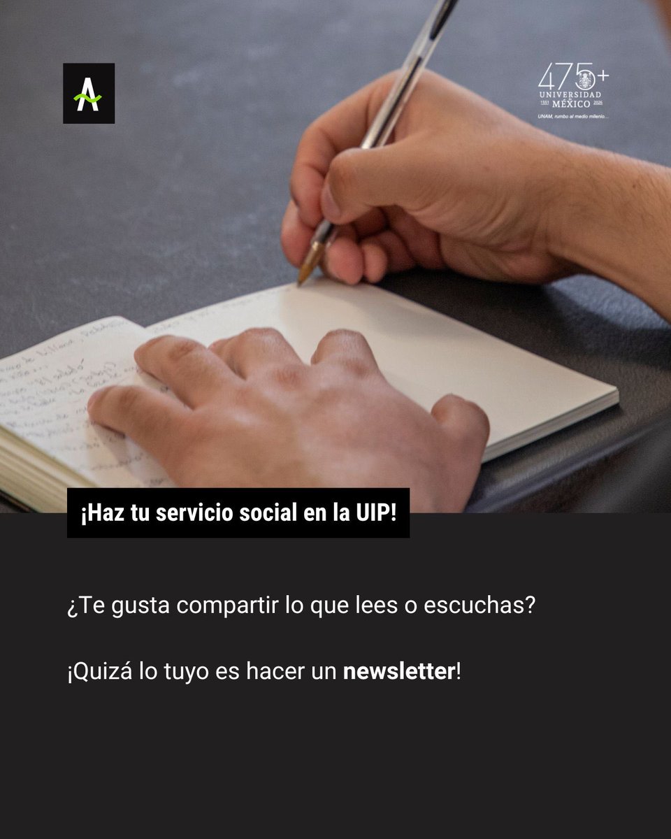 Alterna_MX's tweet photo. ¡Haz tu servicio social en la UIP!
¿Eres la persona que siempre manda notas al grupo, recomienda podcasts y comparte historias interesantes? 🤔
Entonces podrías ser quien escriba el #newsletter de la UIP.
1/2 🧵 https://t.co/TilX0C3N4m