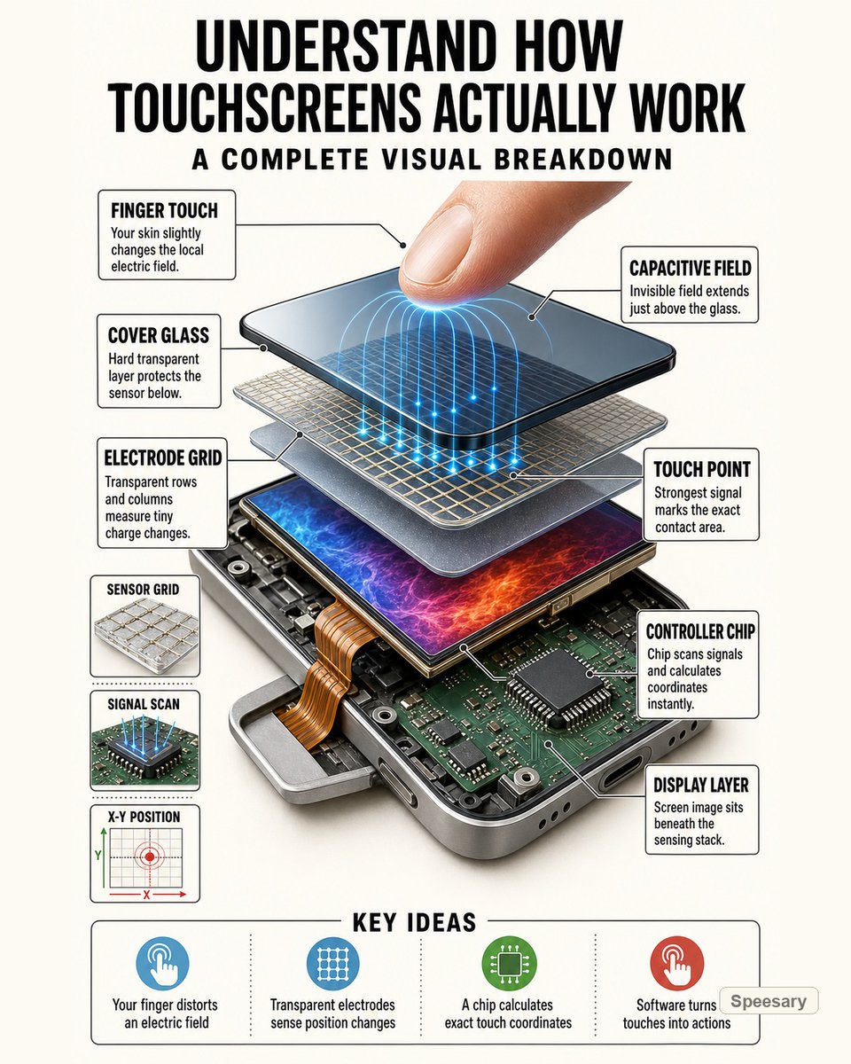 SPeesary's tweet photo. A capacitive touchscreen doesn’t feel pressure first — it senses how your finger changes an electric field.
#Touchscreen #SmartphoneTech #CapacitiveTouch #EngineeringExplained #TechEducation #HowItWorks #Electronics #MobileTechnology https://t.co/wOwjZEKoUL