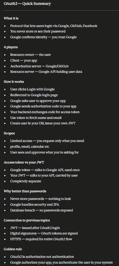 kushaldhakal216's tweet photo. Day 51/111 of #111DaysOfLearningForChange

OAuth2 Theory:
-Protocol: Login via Google/GitHub without passwords
-4 Players: User, Client, Auth server, Resource server
-Scopes: Limited access (profile,email)
-Google token ≠ Your JWT (separate)

@CodeForChangeNp #BackendDev #python https://t.co/cMwPEC1Wsw