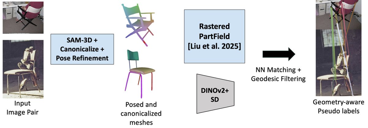 AdamKortylewski's tweet photo. Can we enhance the geometry gap?

In [Jesslen et al., 2026]: we use 3D foundation priors — SAM-3D, PartField — to generate dense, 3D-aware pseudo-correspondences. No human annotations.

A small adapter trained on these labels sets a new SOTA on SPair-71k.

https://t.co/pxdUSv7m43 https://t.co/YXSJgNXbFH