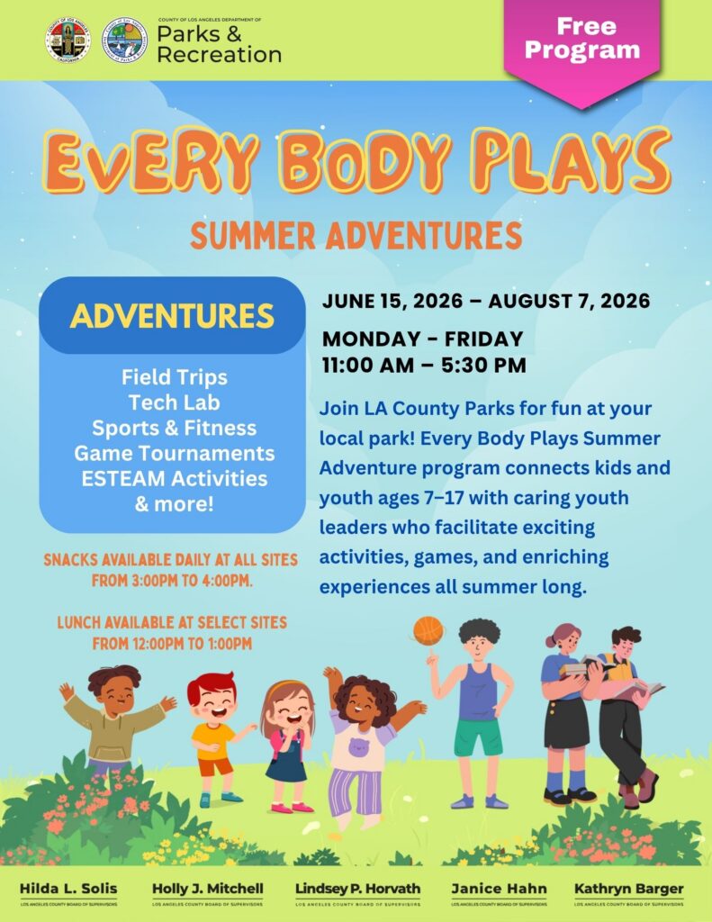 LACDevAuthority's tweet photo. If you’re wondering how to keep your kids active, off screens, and excited this summer, the @lacountyparks'  Every Body Plays: Summer Adventures Program is it! From sports and games to field trips and creative activities, this FREE youth (ages 7–17) Program is packed with nonstop fun and energy from Monday-Friday, 11AM to 5:30PM. Snacks are provided daily at all sites, with lunch available at select locations. Let’s give the youth a summer they’ll always remember! Learn more at https://t.co/ibM1XcNrMN.