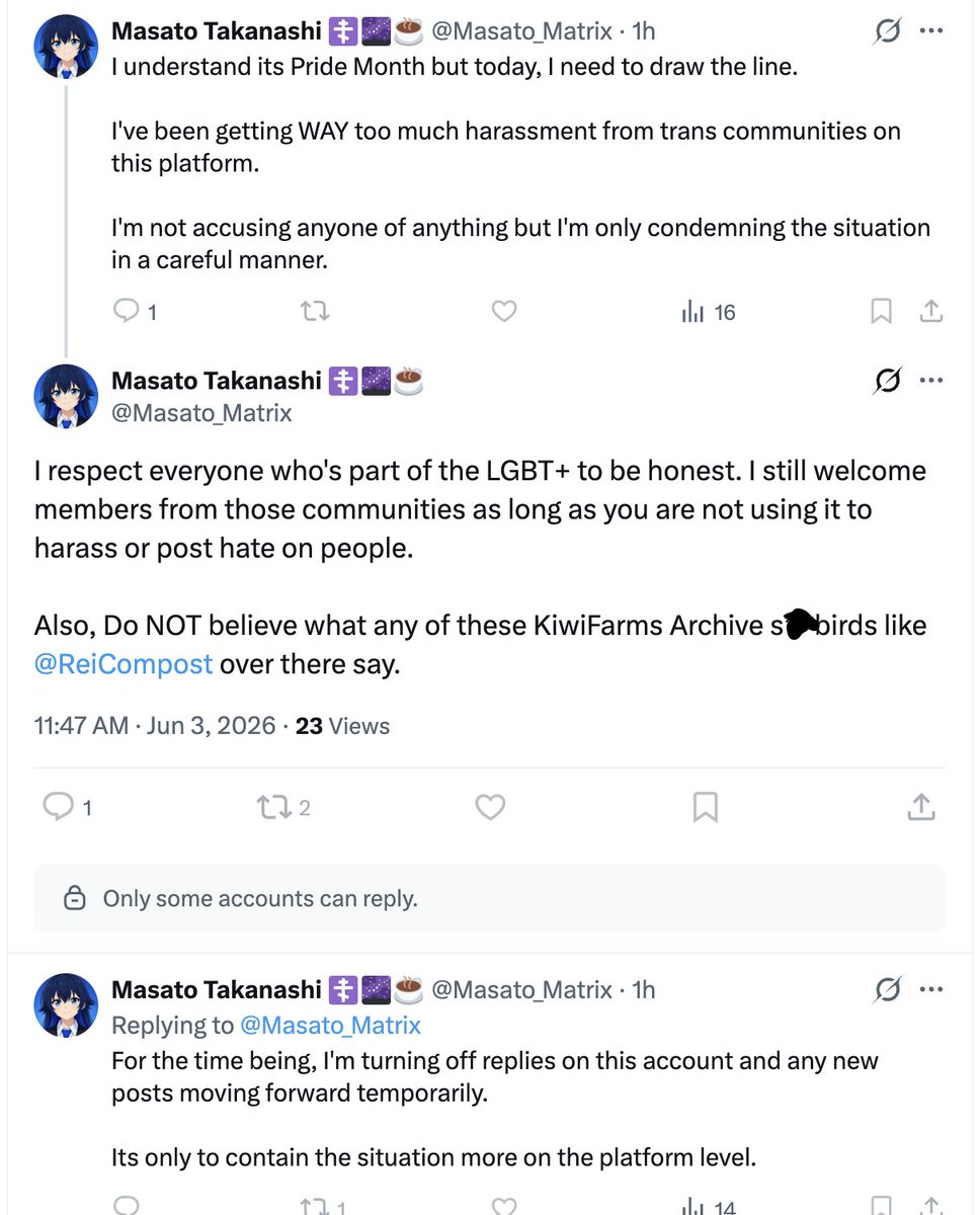 ReiCompost's tweet photo. Looks like @Masato_Matrix is NOT happy about us archiving his nonsense.

Also, you turning off replies is in direct violation of your promise to let people post freely. You better turn replies back on, or else we'll tell @TheJadeDragon24 to go through with suing you! https://t.co/6f0vjZTKWc