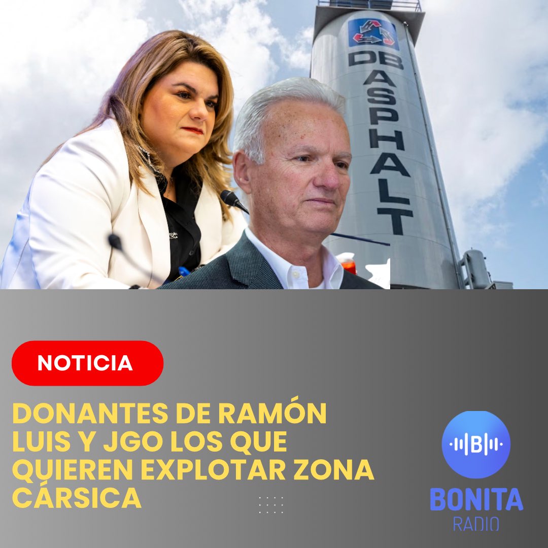 Bonita_Radio's tweet photo. [Ahora] “Pitcher y catcher” entre gobierno y donantes quieren explotar Zona Cársica. Por lo menos tres de los auspiciadores de la conferencia que celebran hoy los contratistas de agregados, minería y construcción sobre las leyes que el gobierno de @Jenniffer y @trschatz51 trastoca para permitir la puesta de cemento en áreas protegidas, son donantes del liderato del @pnp_p, incluido el alcalde de Bayamón, @ramonluisrivera. 

Los ejecutivos y ex presidentes de DB Asphalt, Grupo Carmelo y 3K Management, los hermanos José L. Y Jorge L. Ortiz Serrano; el ex presidente de Ecológica Carmelo, Edgar Figueroa Padilla y Elat Rodríguez Joubert, respectivamente le dieron $31,500 a la Gobernadora, presidente del @SenadoPR @trschatz51 y al alcalde de San Juan, @Miguel_Romero_ , según se verifica en el registro de donantes de la @OCEPR. El 95% de los donativos se dieron entre el 2023 y el 2025. 

Figueroa Padilla le ha dado $7k al alcalde de Bayamón, entre 2024 y 2025.  Ayer, Rivera Cruz defendió a capa y espada a la Gobernadora como una candidata a la reelección en el 2028.

Por su parte, los hermanos Ortiz Serrano son los dueños de la Asfaltera de Bayamón cuya operación ha defendido el Alcalde a pesar de ser objetada desde el 2023 por las comunidades circundantes por razones de salud. 

La protesta de sobre cinco organizaciones defensoras del ambiente - entre ellas @sierraclubpr - a la que se unió el @PIPtwitteando se dará hoy en medio de los trabajos donde participa el presidente de la @JPlanificacion y el secretario del @DRNAPR en el Centro de Convenciones. 
#donantes #construccion #leyes #inversionismopolítico