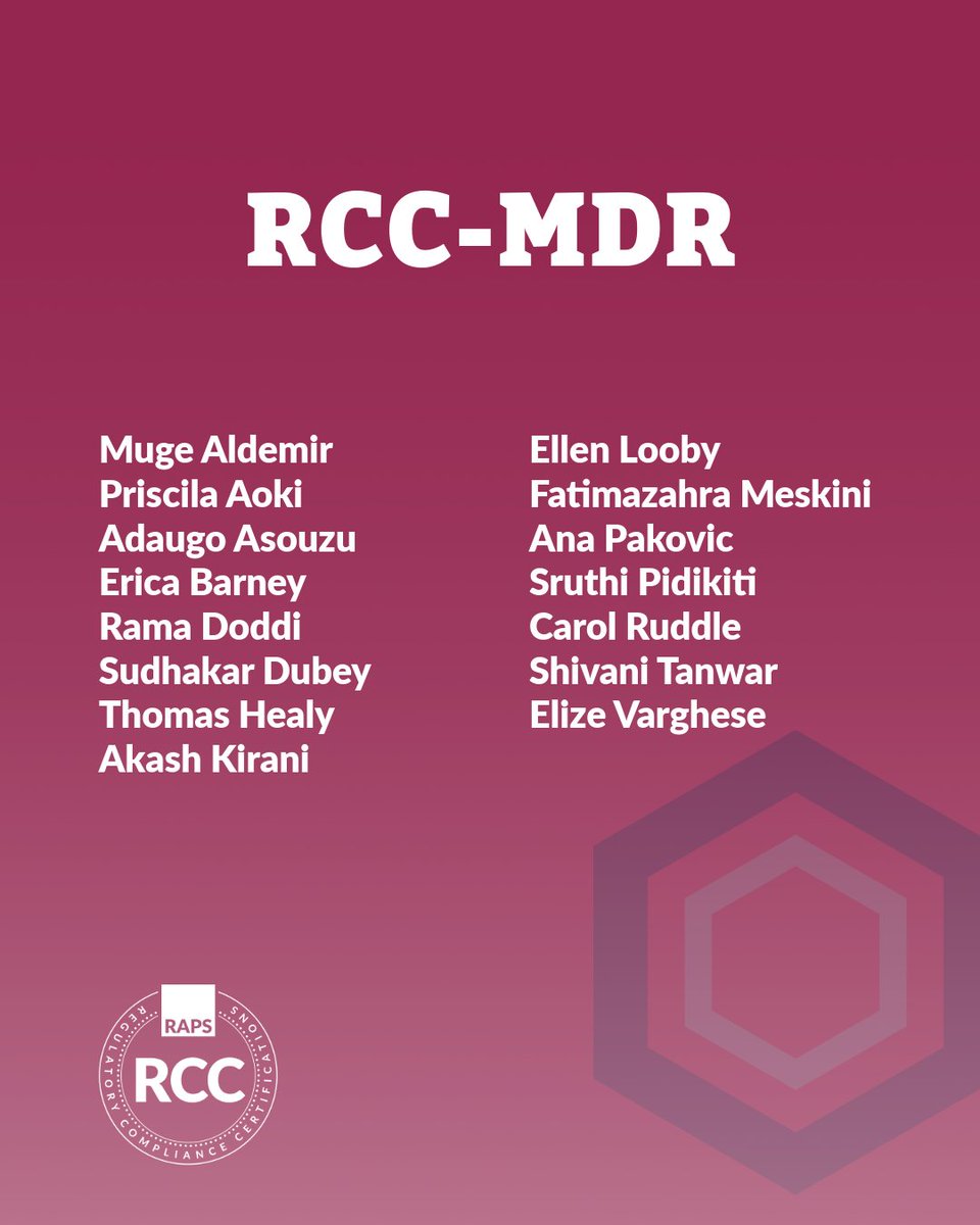 RAPSorg's tweet photo. Congratulations to our newest RCC holders, who now have a credential that validates their knowledge of European regulations in medical devices or IVDs.

Learn more about the RCC here: https://t.co/mzUVRyNsBY https://t.co/pXNRqv3Fcc