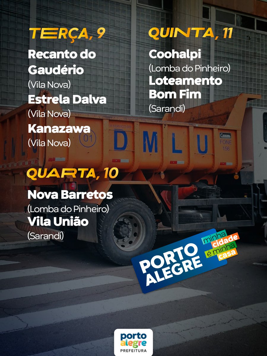 Prefeitura_POA's tweet photo. Próximas datas do Bota-Fora! 🚚

🗑️ A ação auxilia comunidades no descarte de objetos volumosos que não são recolhidos pelas coletas regulares, como colchões, móveis, etc.

👉 Os materiais devem estar em frente às residências na noite anterior, ou até às 7h30 do dia da ação. https://t.co/mbDvZI5ZT1