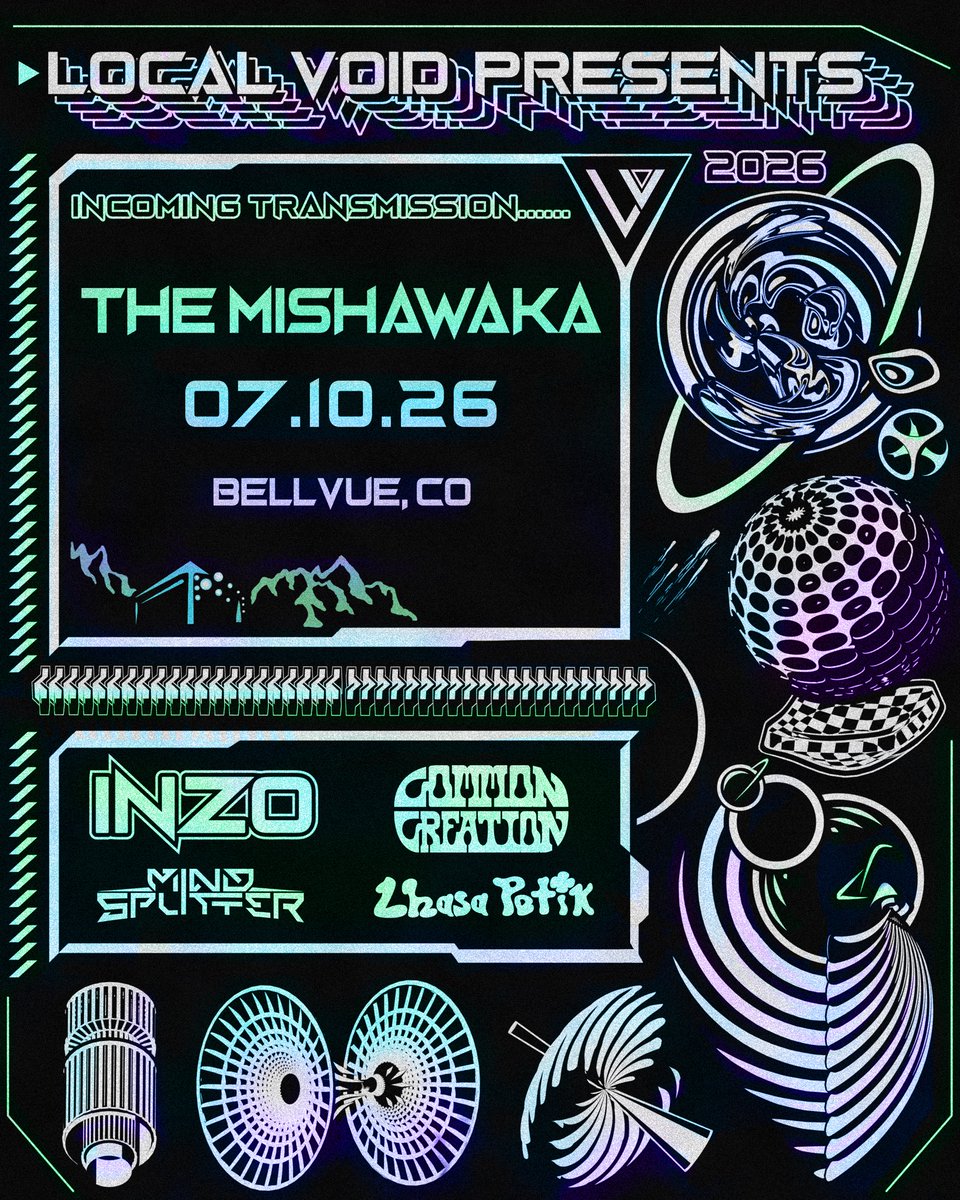 localvoidrecs's tweet photo. The Local Void family is headed to the Mish ⛰️

Join us July 10th at the Mishawaka Amphitheatre with @Inzo_Music @CommonC_Bass @Mind_Splitter &amp; @lhasapetikmusic for a special label takeover under the Colorado sky 🌌 https://t.co/ev0VNMw4OL