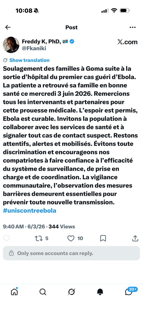 kivuutile's tweet photo. Relief for families in Goma following the hospital discharge of the first recovered Ebola case. The patient rejoined her family in good health this Wednesday, June 3, 2026. Let us thank all the responders and partners for this medical achievement. Hope is allowed; Ebola is curable. Let us invite the population to collaborate with health services and report any suspected contact cases. Let us remain attentive, alert, and mobilized. Let us avoid all discrimination and encourage our compatriots to trust the effectiveness of the surveillance, care, and coordination system. Community vigilance and adherence to barrier measures remain essential to prevent any new transmission. #uniscontreebola