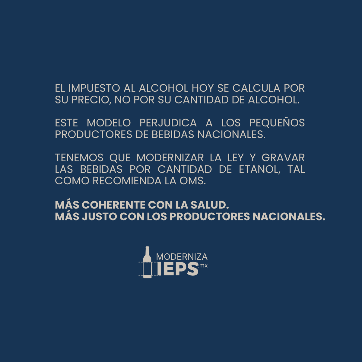 ModernizaI's tweet photo. Buena parte del mundo ya cobra el impuesto por el alcohol que trae la bebida, no por su precio. Gravar por cantidad de etanol es lo que recomienda la OMS, ¿por qué en México aún no lo hacemos?

Modernizar la ley es ponernos al día con lo que ya funciona.

Conoce más https://t.co/TrzJCrCrgr
#ModernizaIEPS