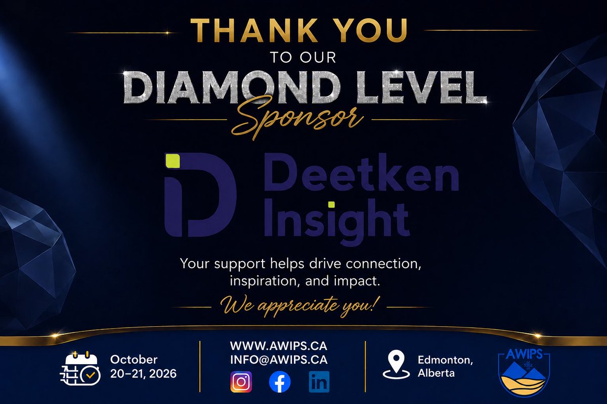 AWIPS_AB's tweet photo. 💎 Thank you to Deetken Insight for being a Diamond Level Sponsor of the 2026 AWIPS Conference!

Your support helps us connect, mentor, inspire, and empower women in public safety. We’re grateful to have you as part of the AWIPS community. 💙💛

#AWIPS2026 #DiamondSponsor https://t.co/79oNWbPOZo