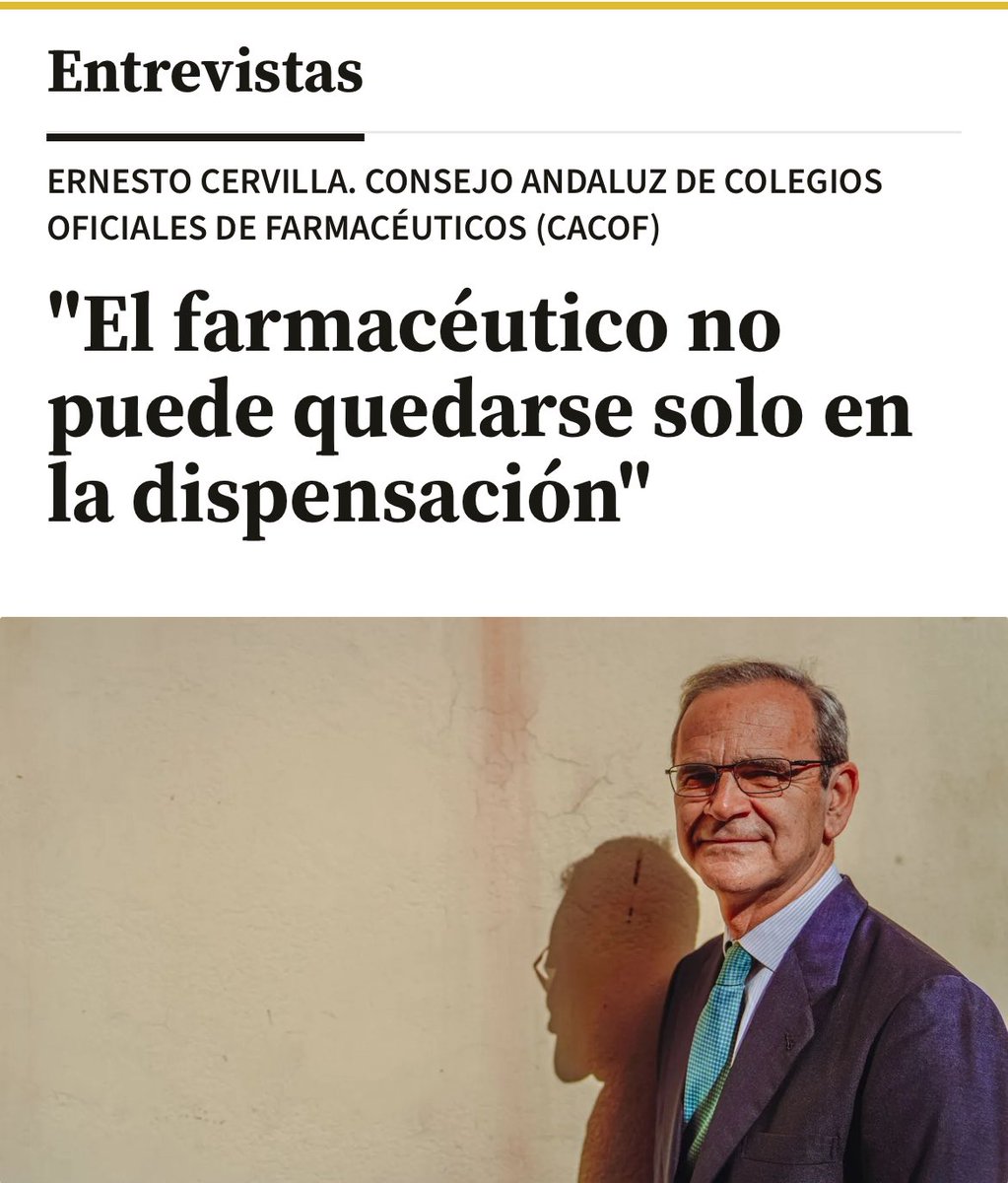 CACOF_'s tweet photo. 📰 Todos los medios del Grupo Joly (Diario de Sevilla, Diario de Cádiz, Málaga Hoy, Granada Hoy, El Día de Córdoba, etc.) publican hoy una entrevista a nuestro nuevo presidente, Ernesto Cervilla, en la que aborda el importante papel que la Farmacia andaluza puede desempeñar en beneficio de nuestra sociedad. 

💊 El medicamento es nuestra razón de ser pero, como bien dice en el titular, los farmacéuticos podemos aportar a nuestro sistema sanitario mucho más allá de la dispensación. 

Te invitamos a leer la entrevista completa en este enlace ➡️ https://t.co/w4SEGsbyok