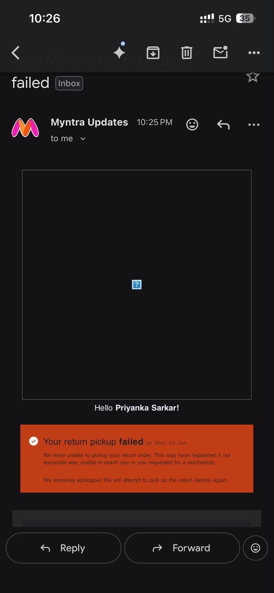 Pjfactory09's tweet photo. @myntra @ekartlogistics @MyntraSupport 
Return ID: 100166471251
Return raised on 31 May. 3 false pickup attempts marked claiming I was unavailable, when I’ve been @ home all 3 days. Agent gives missed calls at 10 PM, rejects the pickup &amp; declines my calls everyday. Resolve ASAP. https://t.co/ZZqUKmfcJn