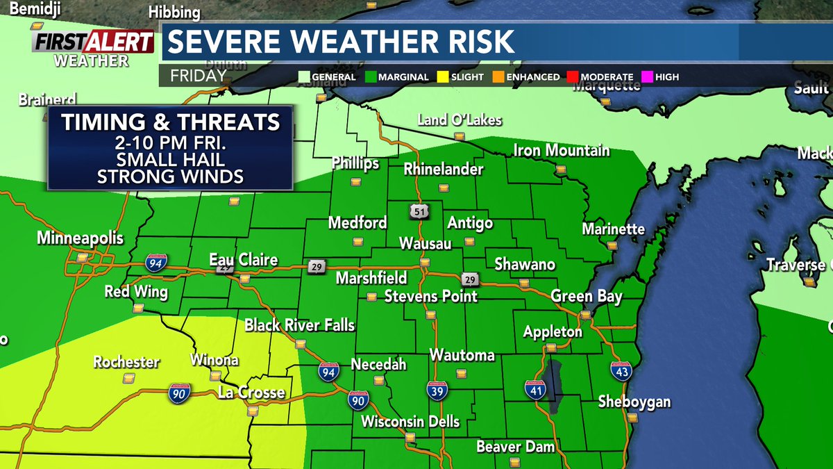 WxSpencerFurman's tweet photo. [12:11 PM Wednesday]-

3. Friday is both our best chance for rain AND our best chance for strong storms. Gusty winds and hail are the primary threats should storms get strong enough.

#wiwx #wsawwx #FirstAlertWeather

MORE INFO: https://t.co/Op6AEPxNND https://t.co/gMr7cq8Oec