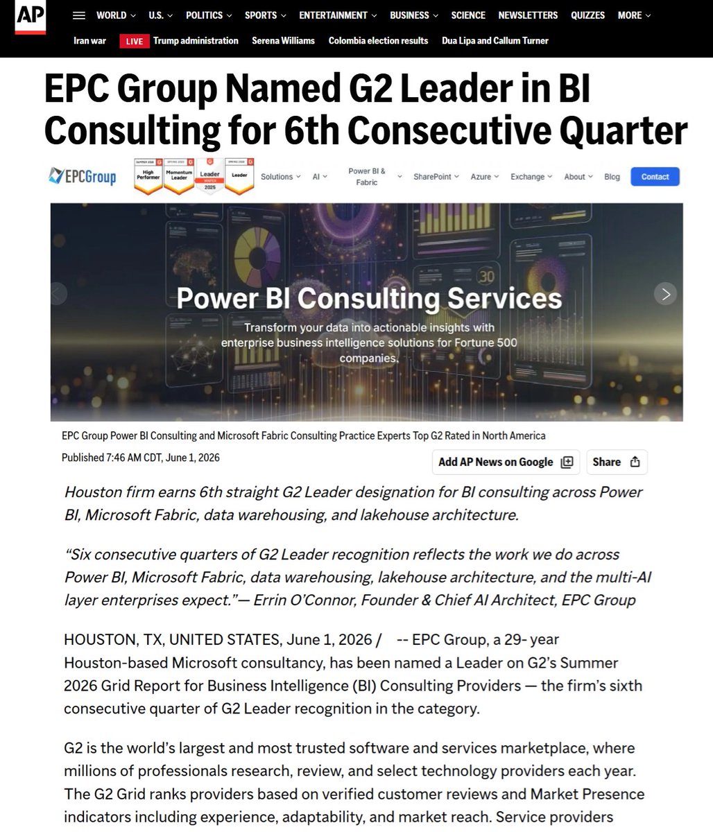 EPCGroup's tweet photo. EPC Group named a G2 LEADER in BI Consulting for the 6th consecutive quarter. 🏆 

Power BI. Microsoft Fabric. Data warehousing. Lakehouse architecture. 29 years of Microsoft depth, verified by our clients.  📊

🚀See the AP story 👇

#PowerBI #MicrosoftFabric #G2Leader #BusinessIntelligence #EPCGroup