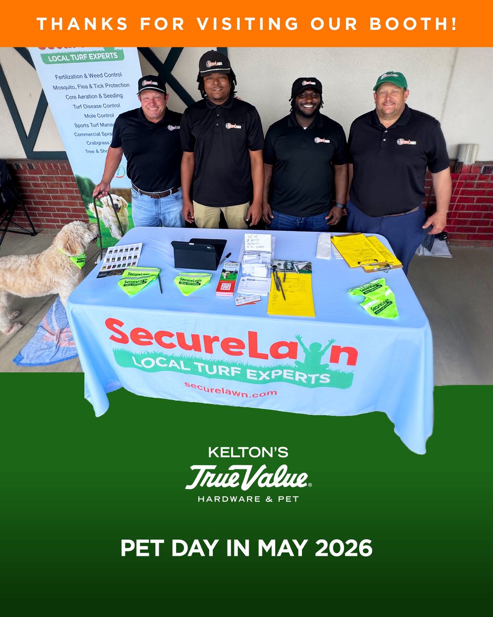 SecureLawn's tweet photo. What an amazing day at Kelton's Pet Day in May 2026! Thank you to everyone who stopped by our booth! It was so great seeing all of you and your furry friends out there. A huge thank you to Kelton's for hosting such a wonderful event!

#SecureLawn #MurfreesboroTN #MiddleTN https://t.co/YIZ5AqE4oR