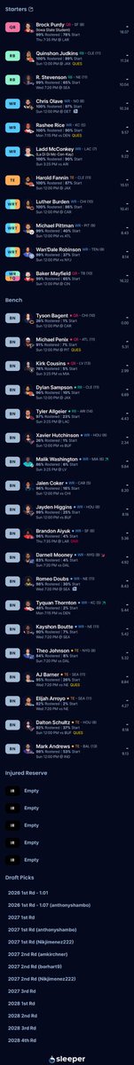 Sam_Stuve's tweet photo. @TopDynastyTakes 10 team SF, Half PPR, Half point TE Premium. Kind of up and down, as I’ve gone 3-11, 8-6, 3-11 in the first 3 years of this league. Rebuilding to contend by 2027 https://t.co/dMJmta3at1