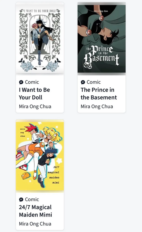 miraongchua's tweet photo. Hey even more good news!!! If you’ve ever wanted to read my comics for  FREE, I’ve got three titles available for you to borrow right now on the  Hoopla Digital library app @hoopladigital (and maybe more to come 👀) Go check them out! 📚✨ https://t.co/Pa8BBg1mQb