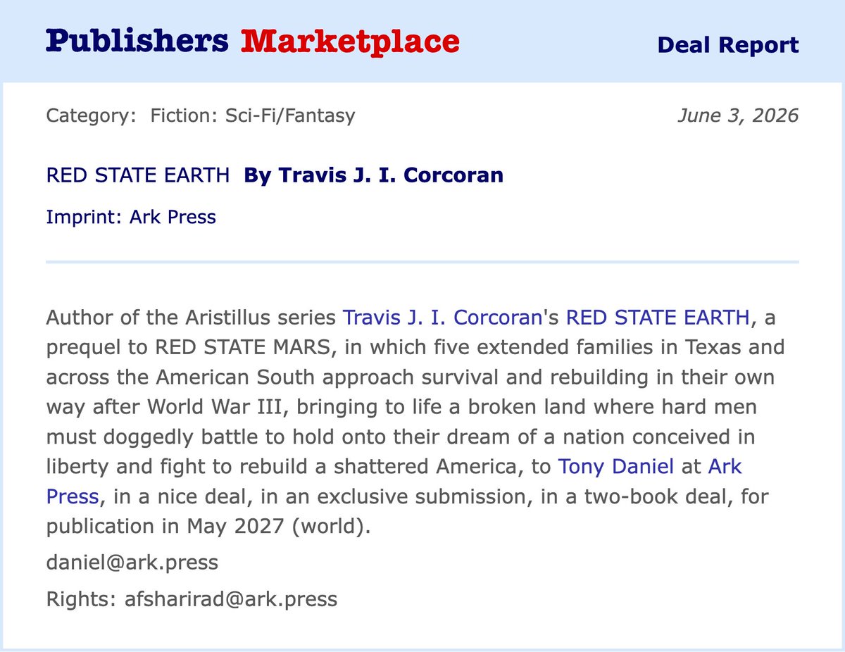 MorlockP's tweet photo. Thrilled to announce that Red State Earth ( Lonesome Dove meets Lucifer's Hammer meets The Road Warrior meets Neuromancer ) is under contract with @ark_press !

Ark will be bringing the complete three book Red State series to shelves over the next 1-2 years https://t.co/kKOdir5yxv