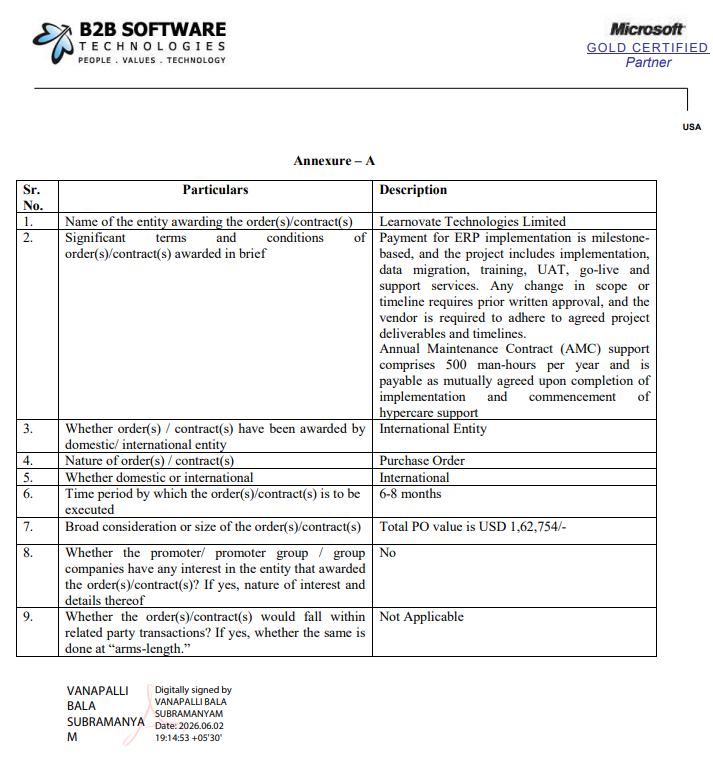 alkeshthakkar's tweet photo. DATED : 02/06/2026

#B2BSOFT - 24.46

M/s B2B Software Technologies Limited, has received an Import Purchase Order/ Work Order from Learnovate Technologies Limited aggregating to USD 1,62,754. https://t.co/R8nxD3WOXm