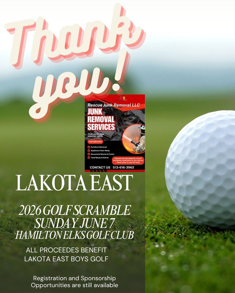 GoHawksGolf's tweet photo. Thank you Rescue Junk Removal LLC for your sponsorship and support of Lakota East Boys Golf⛳️
#theEASTway https://t.co/APs4AvxEDv