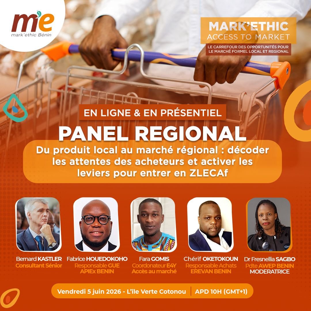AThiamCox's tweet photo. Vous êtes à #Cotonou? Au #Benin? 

𝗝-𝟮 ⏳ 𝗠𝗔𝗥𝗞'𝗘𝗧𝗛𝗜𝗖 𝗔𝗖𝗖𝗘𝗦𝗦 𝗧𝗢 𝗠𝗔𝗥𝗞𝗘𝗧 𝗜 𝗣𝗮𝗻𝗲𝗹 𝗥𝗲́𝗴𝗶𝗼𝗻𝗮𝗹

Vendredi 5 juin à 10h, on ouvre le Forum avec LE panel qui va changer ta vision de l’export.

ZLECAf = 1,4 milliard de consommateurs.
La vraie question : ton produit est-il packagé, normé, prêt pour ça ?

Panel Régional : "Du local au marché régional"
Avec APIEx BENIN, EREVAN BENIN, E4Y + Consultant Sénior
Modération : Dr Fresnellia SAGBO de AWEP-BENIN

📍 L’Île Verte Cotonou + En ligne : https://t.co/Vm8vPGwHjo

@ClubTiossane