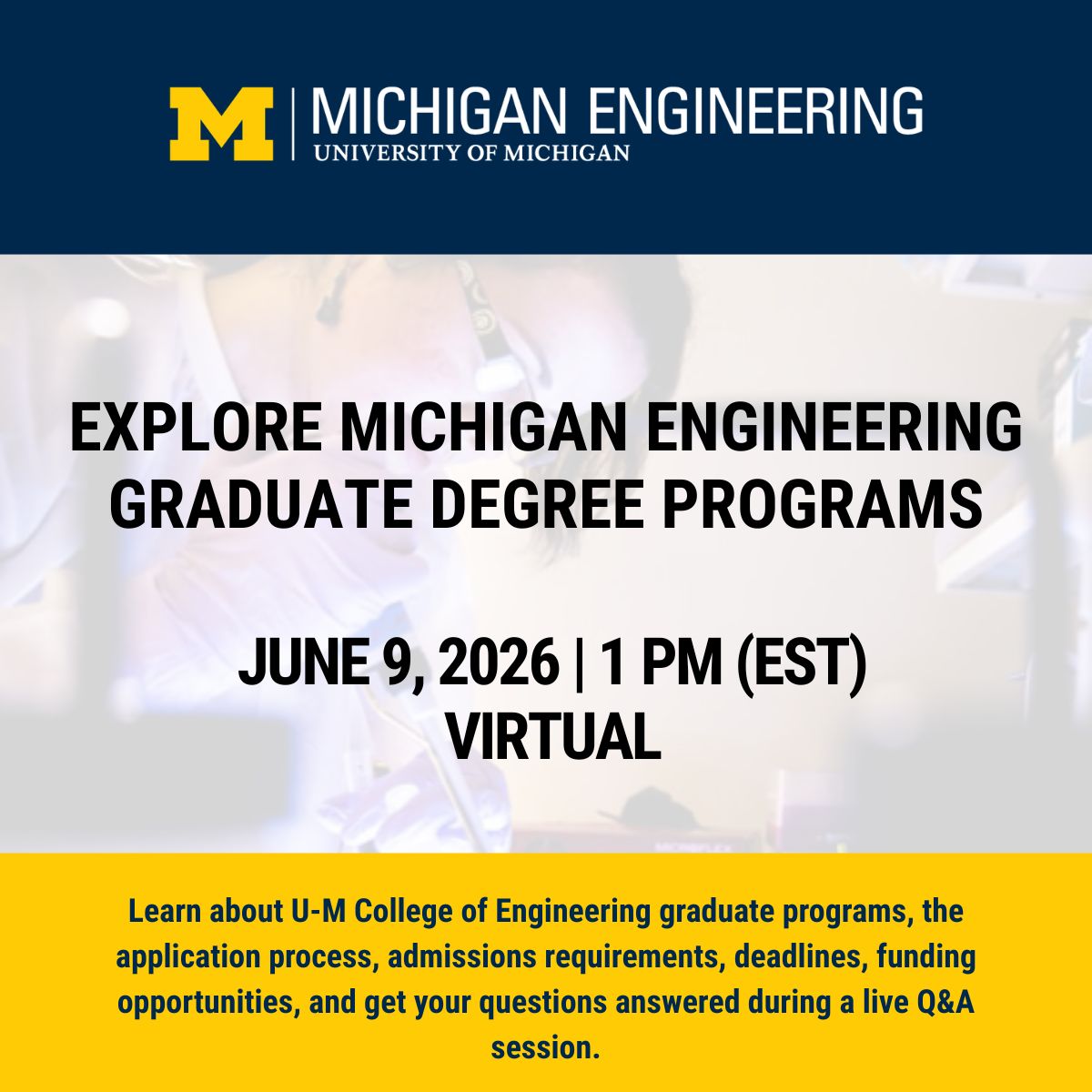 UMRobotics's tweet photo. Exploring graduate school? Perhaps in... robotics?

Get info from a webinar on June 9 at 1pm.

Learn about U-M Engineering grad programs, the application process, admissions requirements, deadlines, funding opportunities, and get your questions answered during a live Q&amp;A session. https://t.co/fpNbNCeYaF