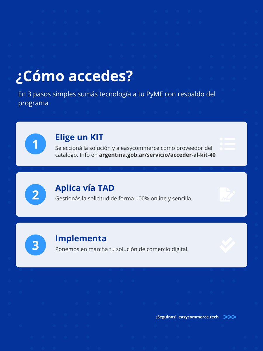 easycommercetec's tweet photo. 🇦🇷 easycommerce® ya forma parte del catálogo de proveedores del Programa KIT 4.0.
Impulsamos la transformación digital de las PyMEs con soluciones para mejorar la eficiencia, productividad y competitividad.
Conoce más 👉 https://t.co/TfqGk5LUfK
#KIT40 #easycommerce https://t.co/gRLEklFk6q