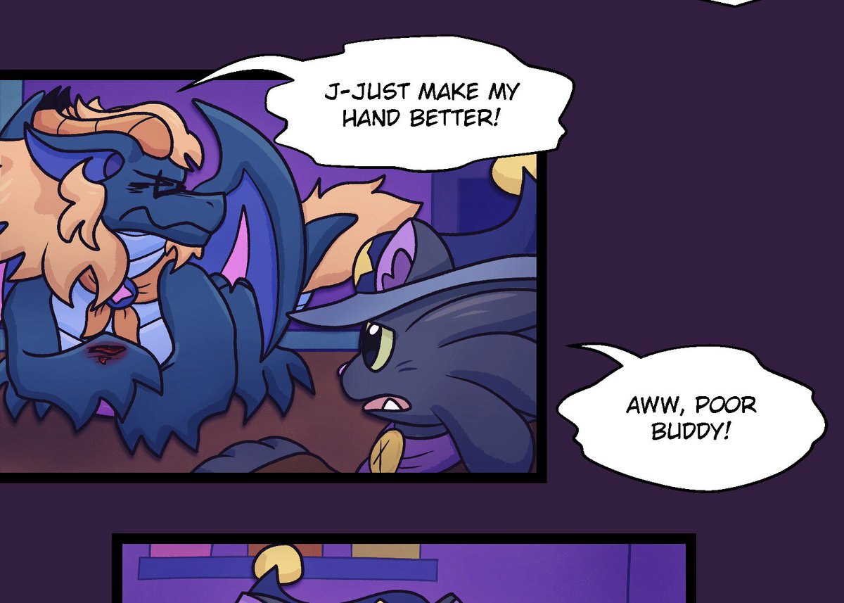 DogZho's tweet photo. Sparky's never been very calm about seeing his own blood.
So if he gets a wound in battle, he tends to get pitied by his friends, which makes him embarrassed.

This scene is from my comic "The Universe Protection Society" on WebToons
#webtooncanvas #comic #dragon  #webtoons #oc https://t.co/crGbXXhX4a