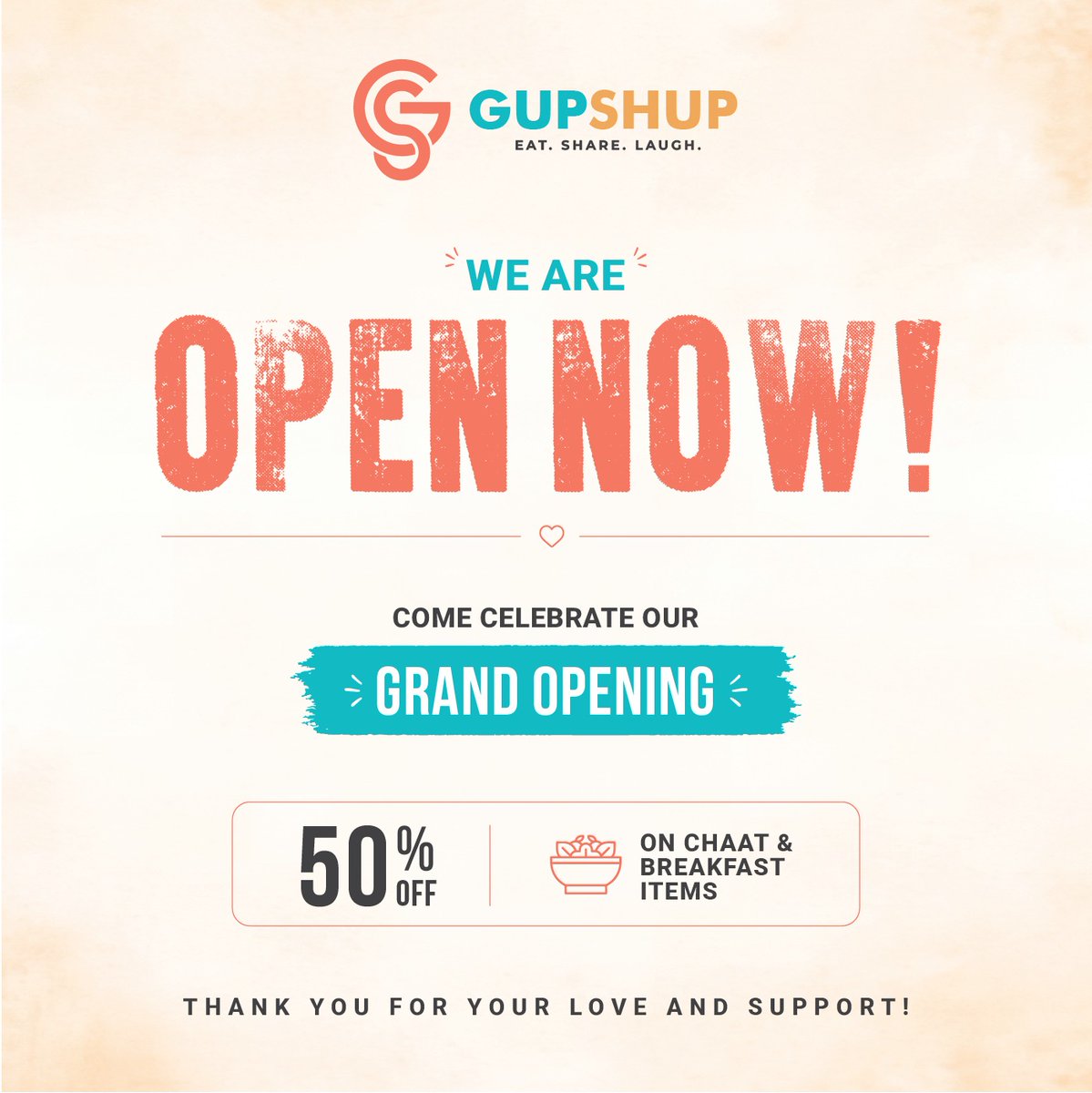 gupshupsocials's tweet photo. 🎉 WE ARE OPEN NOW!
Celebrate our Grand Opening with 50% OFF on #Chaat &amp; Breakfast Items 
Thank you for your amazing #love and support. We can't wait to #serve you!
👉 Visit us today!
.
.
#GupshupSocials #WeAreOpen #GrandOpening #50Off #ChaatLovers #FoodieLife https://t.co/1D7ulukJbi